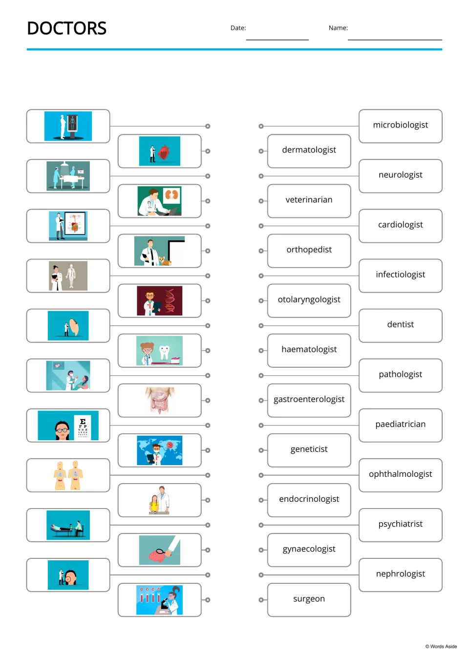 Medical vocabulary matching activity pairing 20 pictures with names, including dermatologist and surgeon