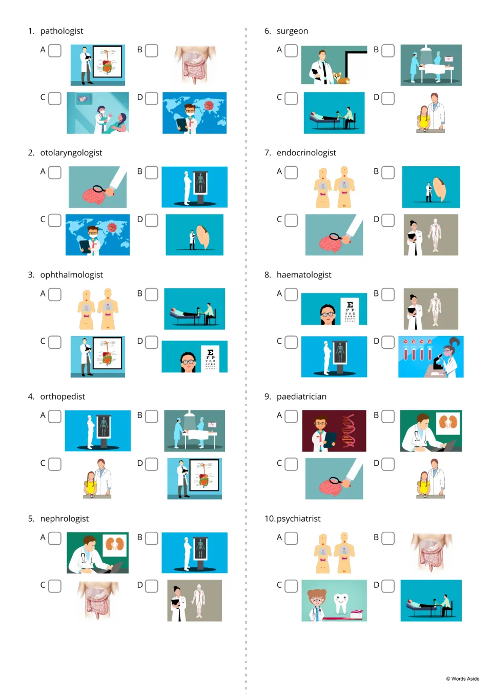 Medical vocabulary questions 1–10 ask students to select pictures for names, including pathologist and surgeon