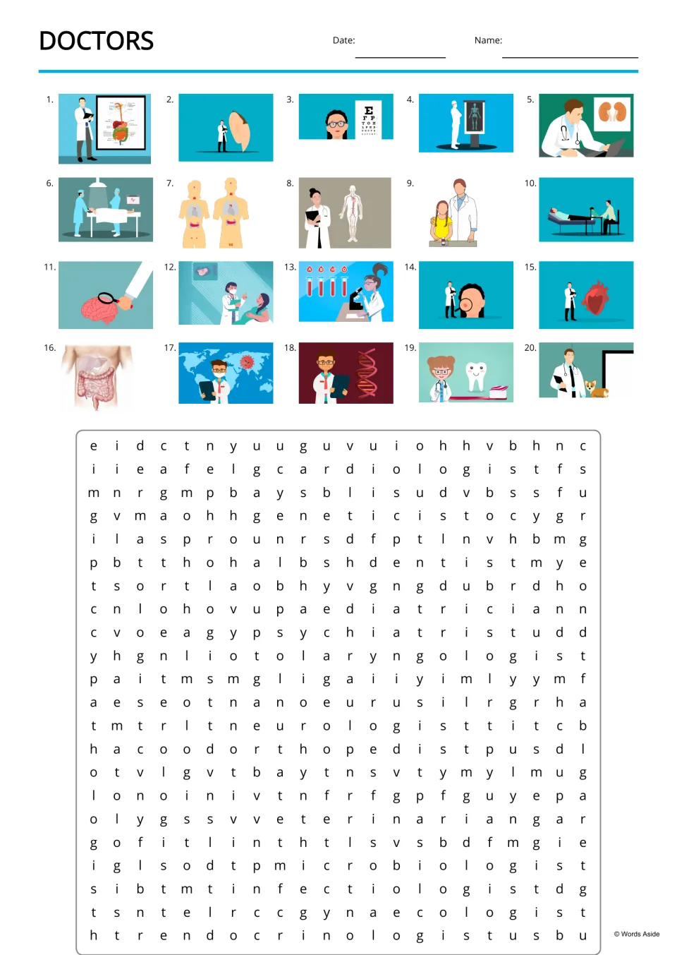 Medical vocabulary word search using 20 picture clues, with terms including cardiologist, dentist, and surgeon