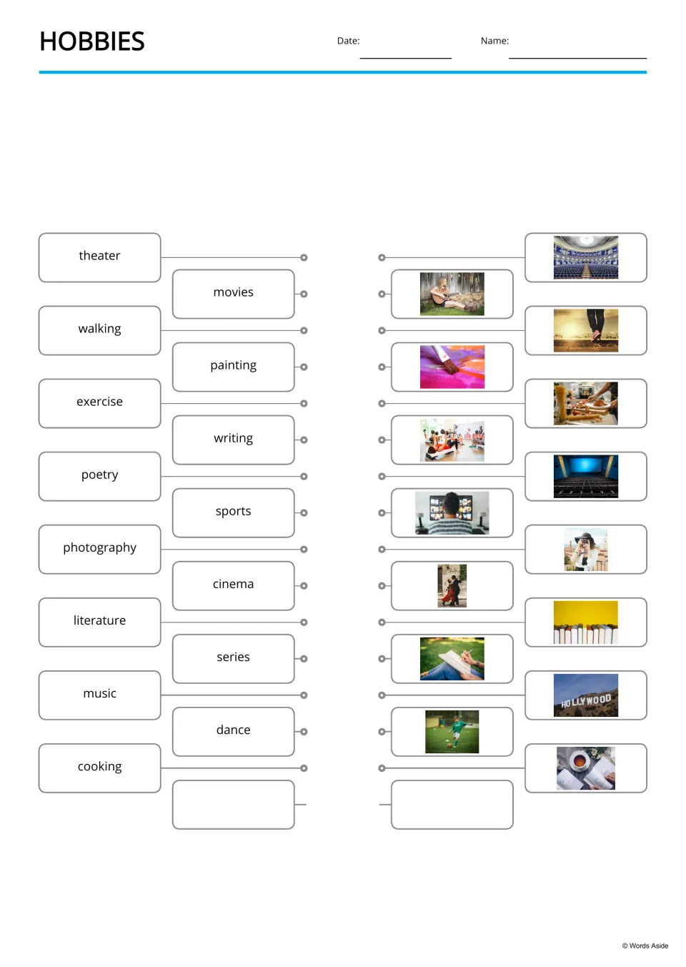 Hobbies word-to-picture matching for 15 terms, including theater, movies, walking, painting, and exercise