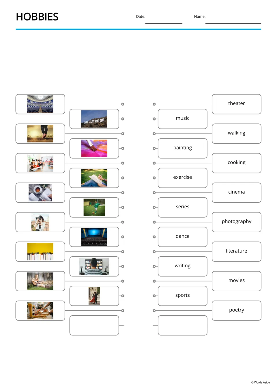 Hobbies picture-to-word matching for 15 terms, including music, cooking, cinema, series, and photography