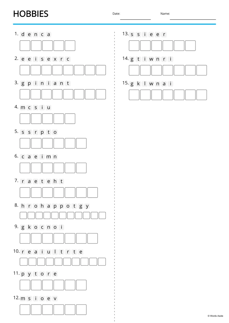 Text-only hobbies anagrams for 15 words, including dance, exercise, painting, music, sports, and cinema