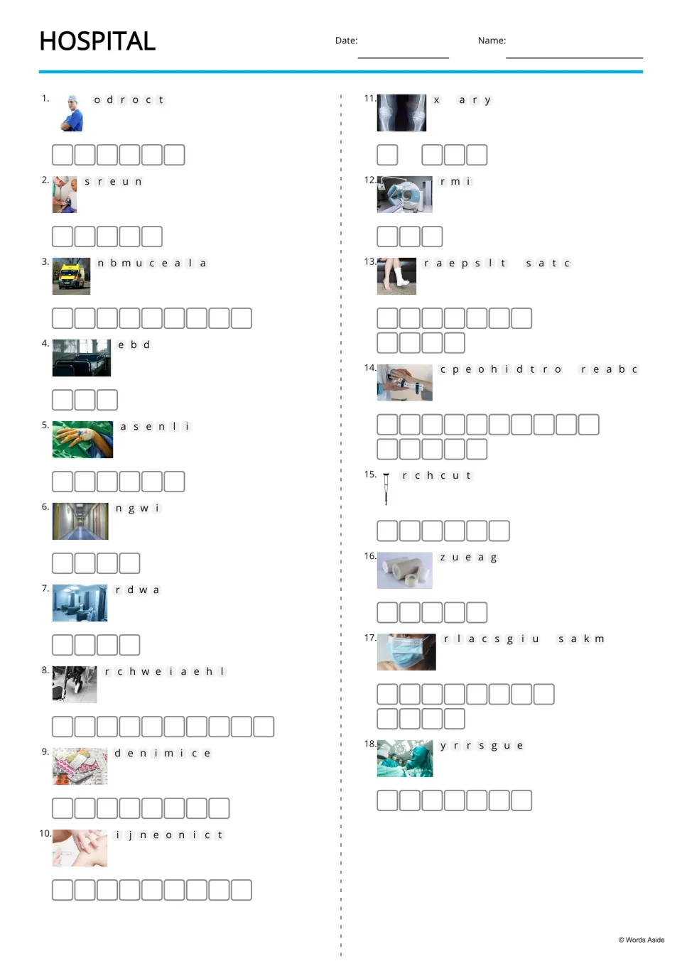 Picture-supported hospital anagrams for 18 terms, including doctor, nurse, ambulance, bed, and saline