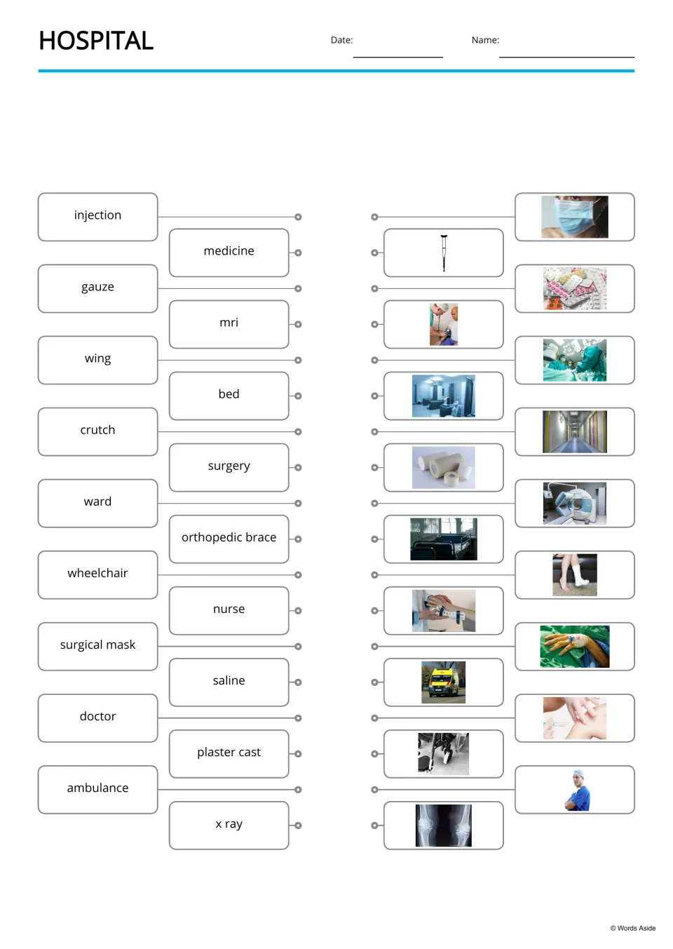 Hospital word-to-picture matching for 18 terms, including injection, gauze, wing, crutch, and medicine