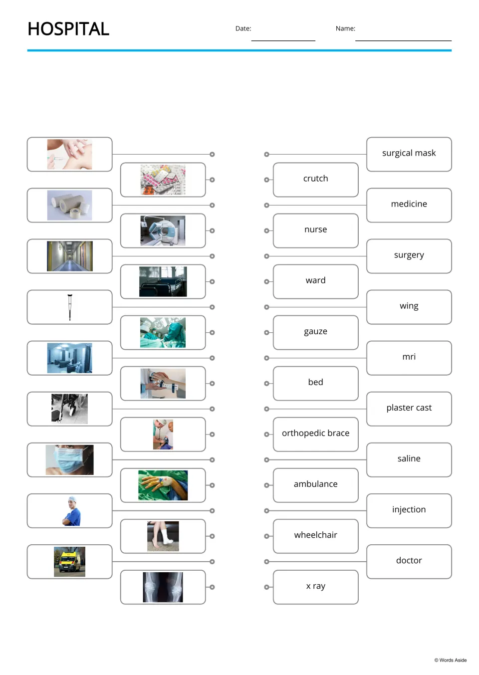 Hospital picture-to-word matching for 18 terms, including surgical mask, crutch, medicine, and nurse