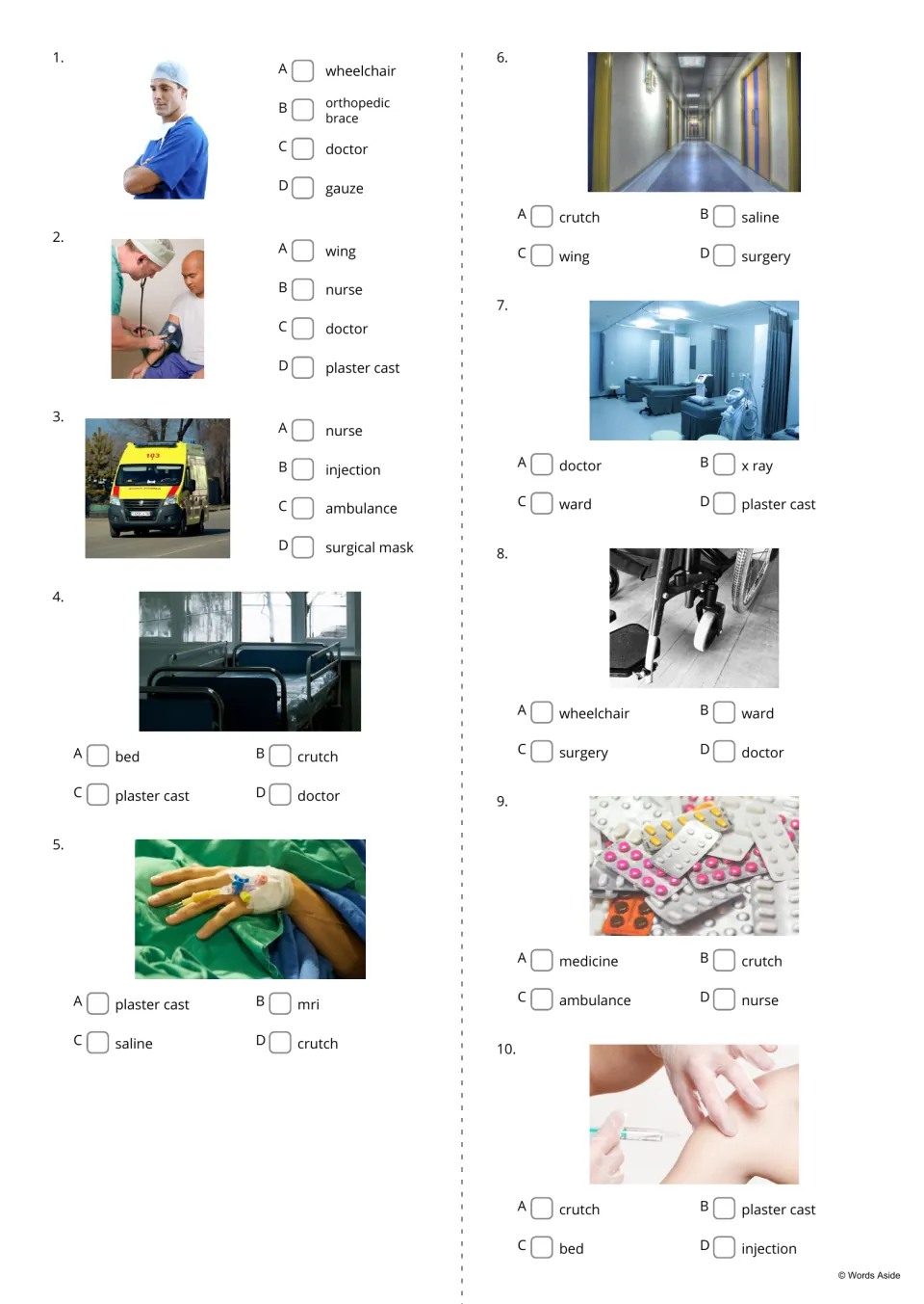 Hospital photo identification questions 1–10 with four word choices each, from doctor through injection