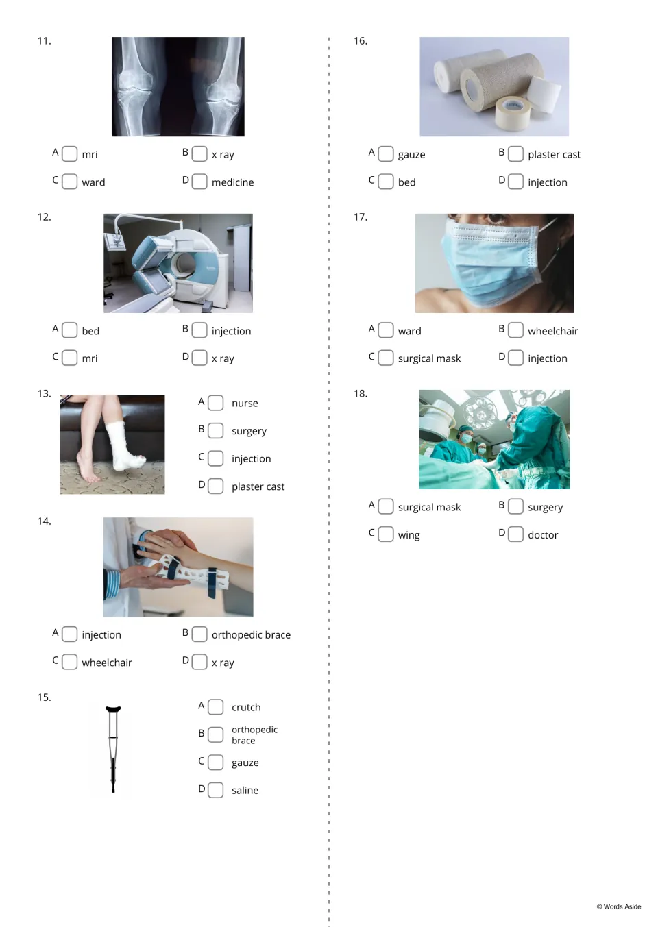 Hospital photo identification questions 11–18 cover X-ray, MRI, plaster cast, orthopedic brace, and more
