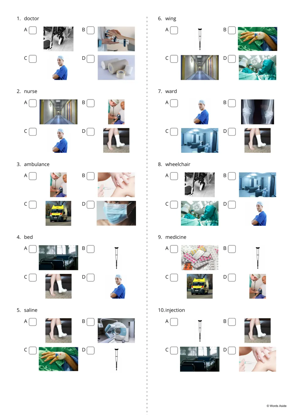 Hospital word identification questions 1–10 offer four photo choices each, from doctor through injection