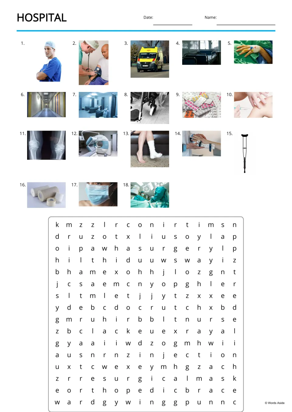 Hospital vocabulary word search uses 18 numbered photo clues, including nurse, wheelchair, and gauze