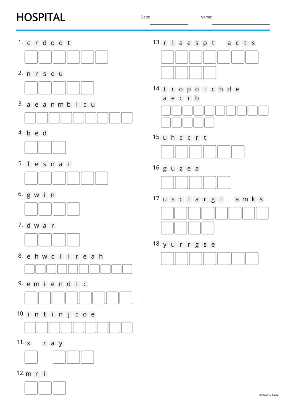 Text-only hospital anagrams for 18 terms, including doctor, nurse, ambulance, saline, and surgical mask