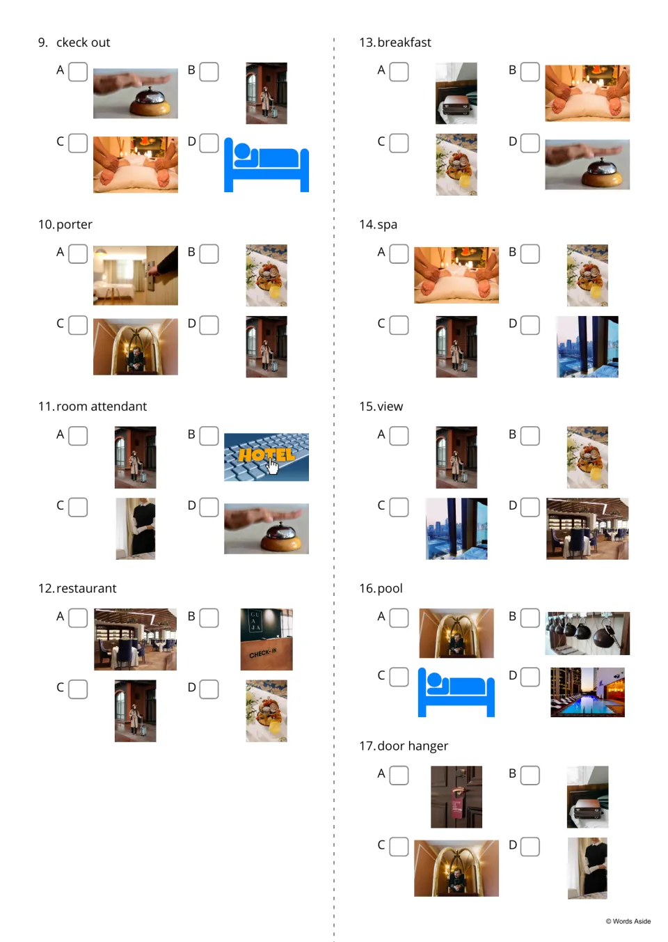 Hotel word-to-picture multiple-choice questions 9–17, including porter, restaurant, breakfast, spa, and pool