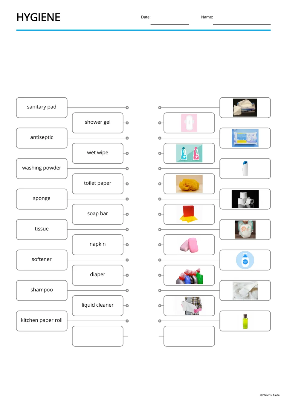 Hygiene word-to-picture matching for 15 terms, including sanitary pad, shower gel, antiseptic, and wet wipe