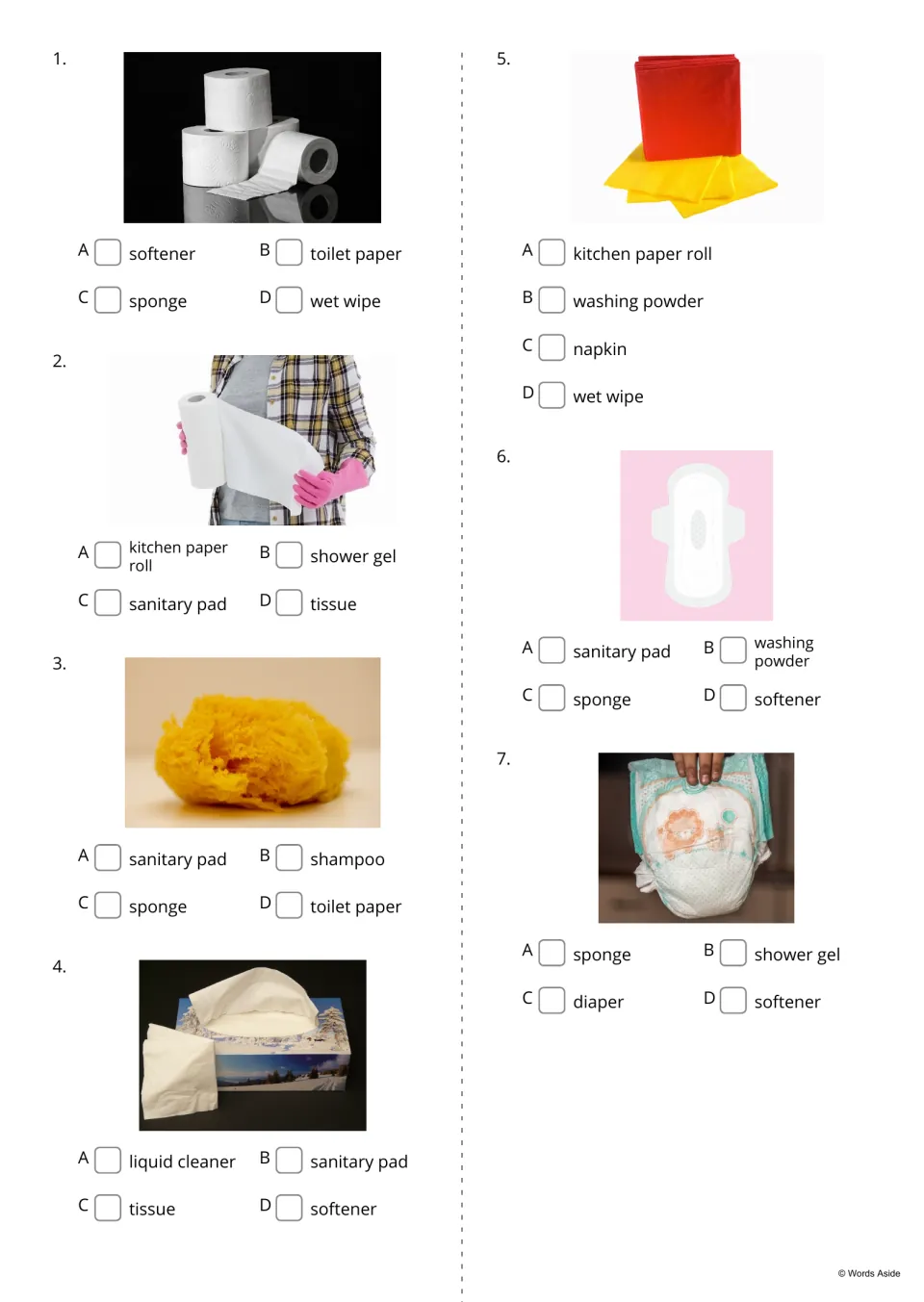 Hygiene picture identification questions 1–7: choose names for toilet paper, sponge, diaper, and four more