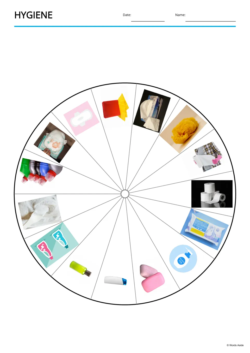 Hygiene vocabulary wheel showing all 15 items, including napkin, tissue, sponge, shampoo, and soap bar
