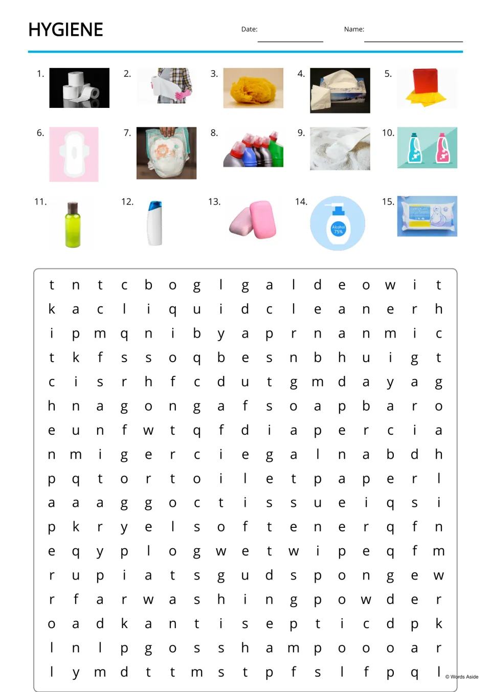 Hygiene word search uses 15 numbered picture clues, including toilet paper, washing powder, and wet wipe