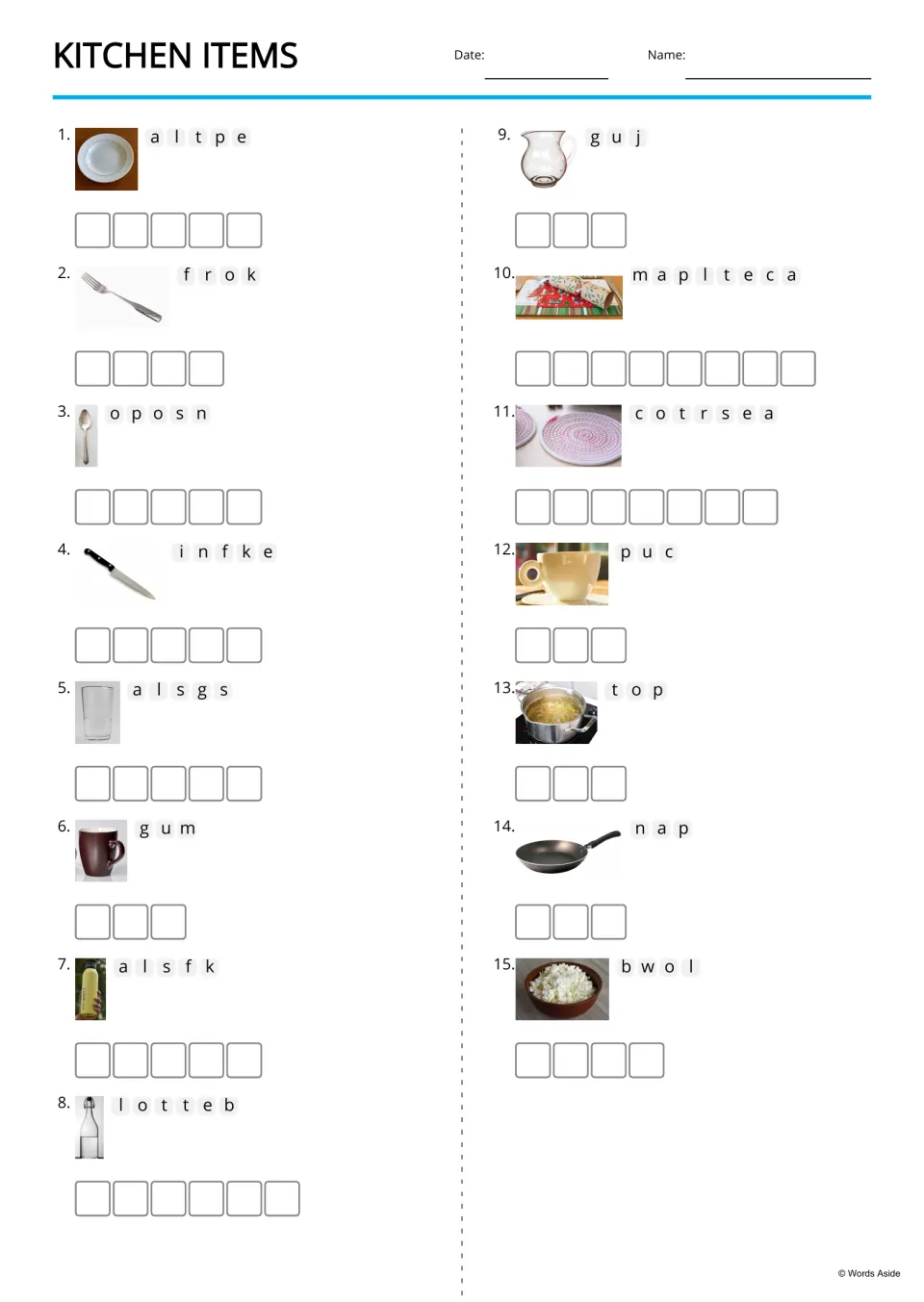 Picture-supported anagram practice for 15 kitchen words, including plate, fork, spoon, knife, and glass