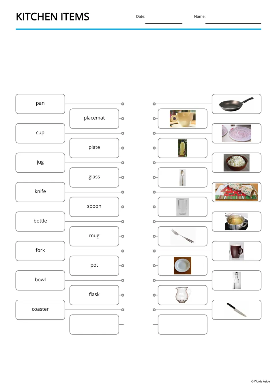 Word-to-picture matching for 15 kitchen items, including pan, cup, jug, knife, bottle, fork, and bowl