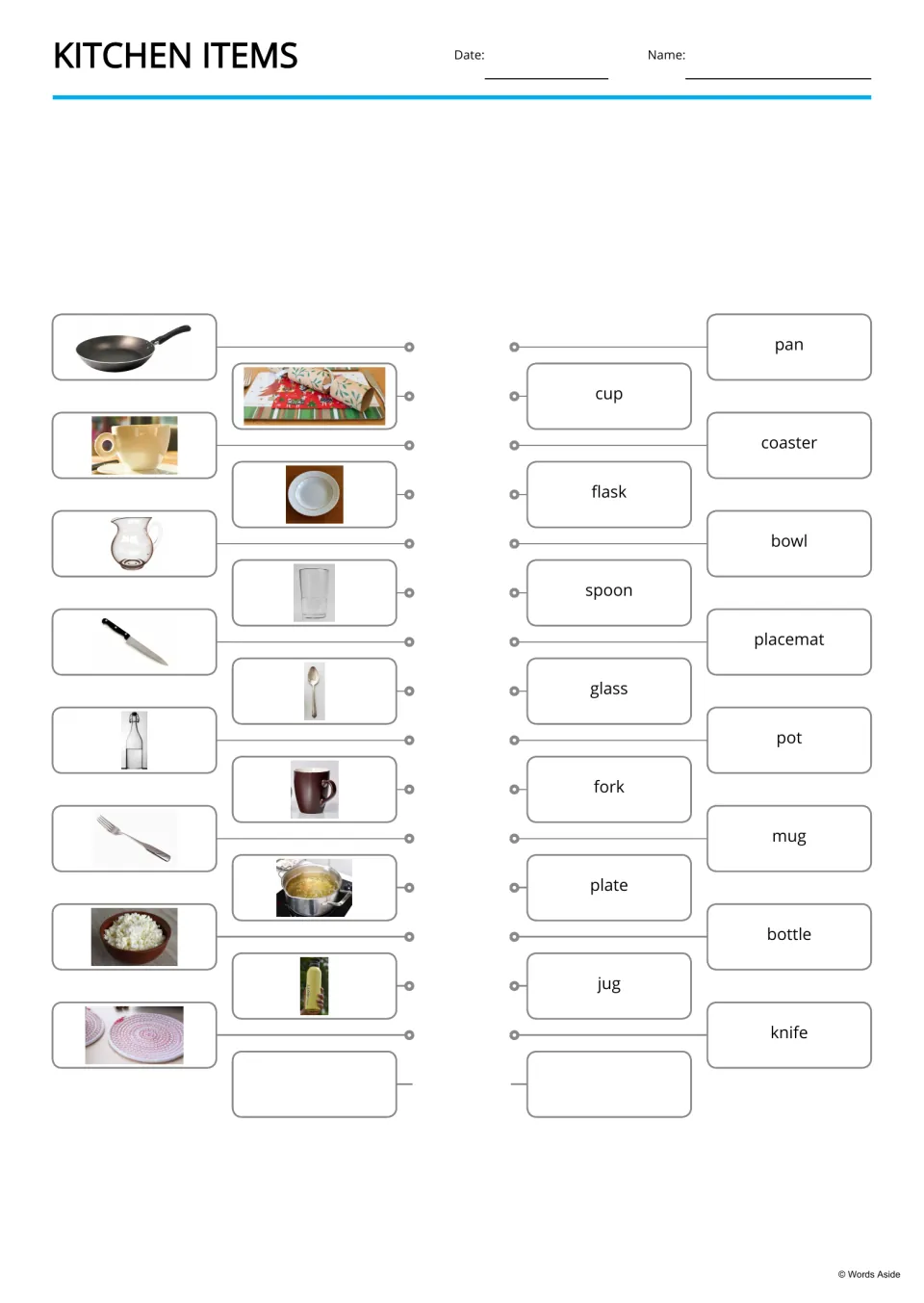 Picture-to-word matching for 15 kitchen items, including placemat, plate, glass, spoon, mug, and pot
