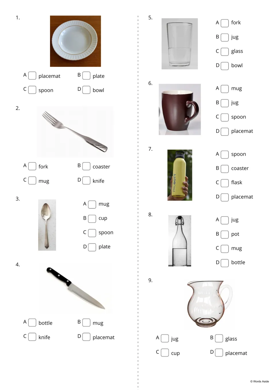 Picture-based vocabulary questions 1–9 ask students to select names for plate, fork, spoon, and six more