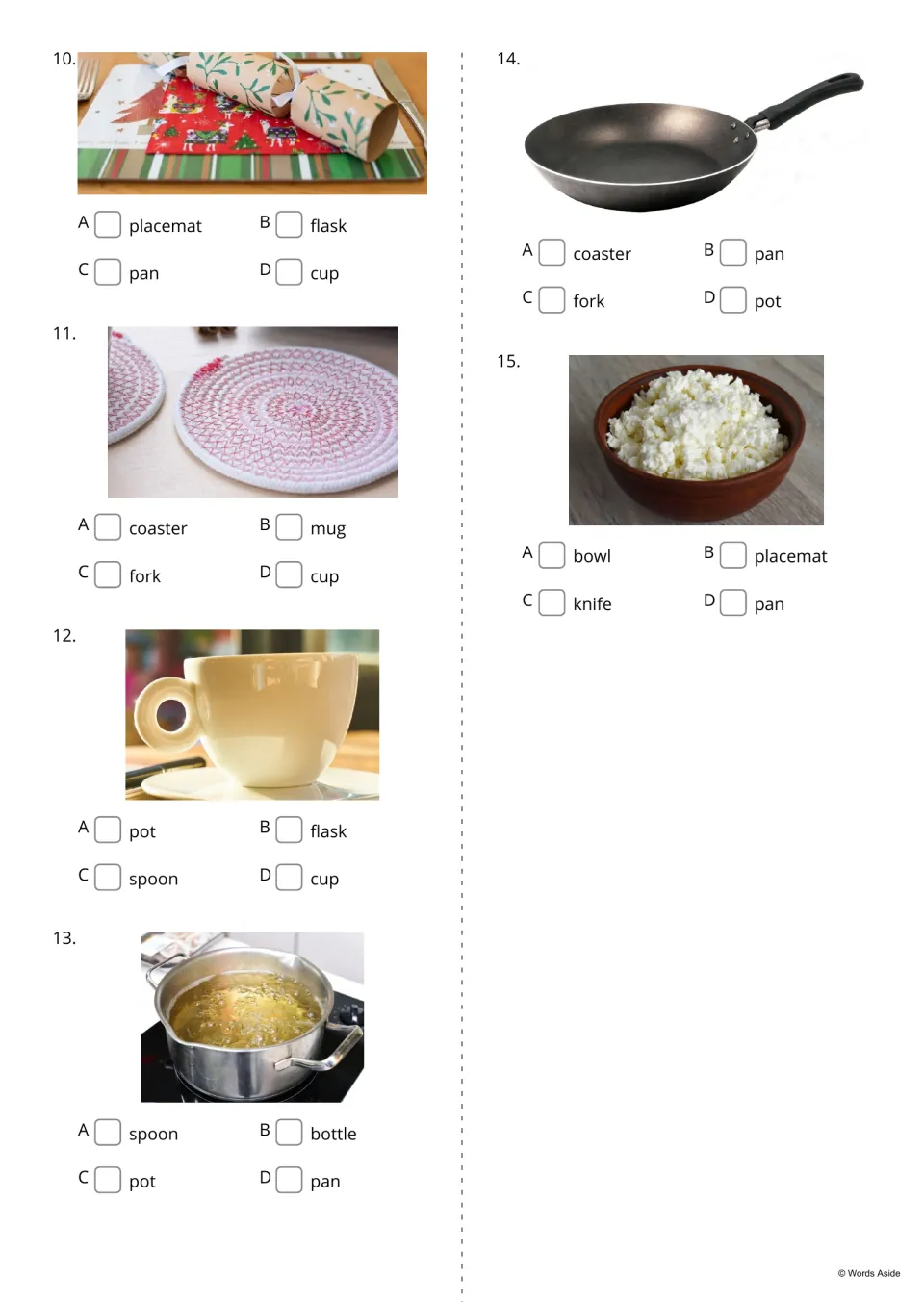 Picture-based vocabulary questions 10–15 ask students to name a placemat, coaster, cup, pot, pan, and bowl