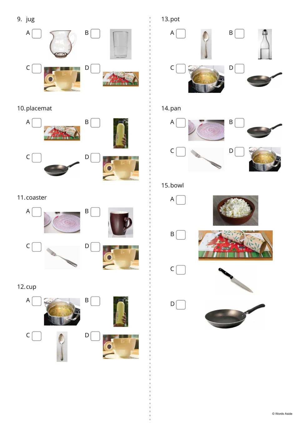Word-based questions 9–15 ask students to choose pictures for jug, placemat, coaster, cup, pot, pan, and bowl