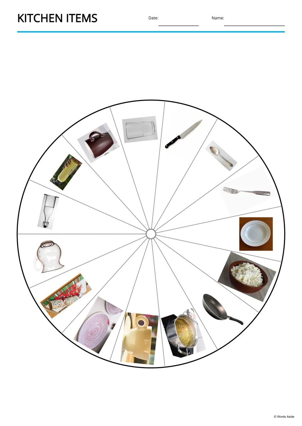 Kitchen vocabulary picture wheel featuring all 15 items, including plate, bowl, pan, pot, cup, and coaster