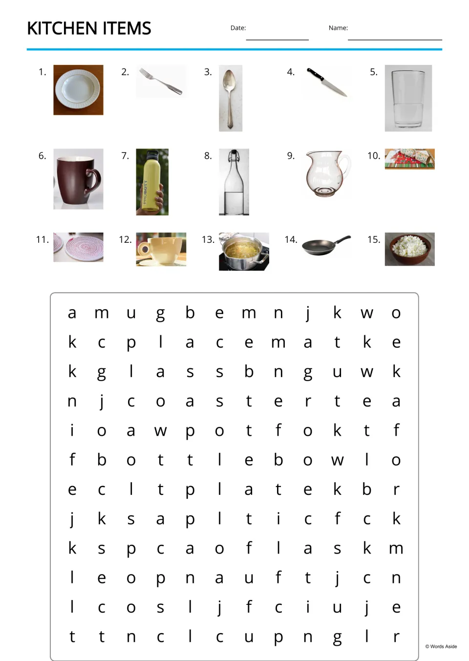 Kitchen vocabulary word search with 15 numbered picture clues, including plate, fork, spoon, and knife