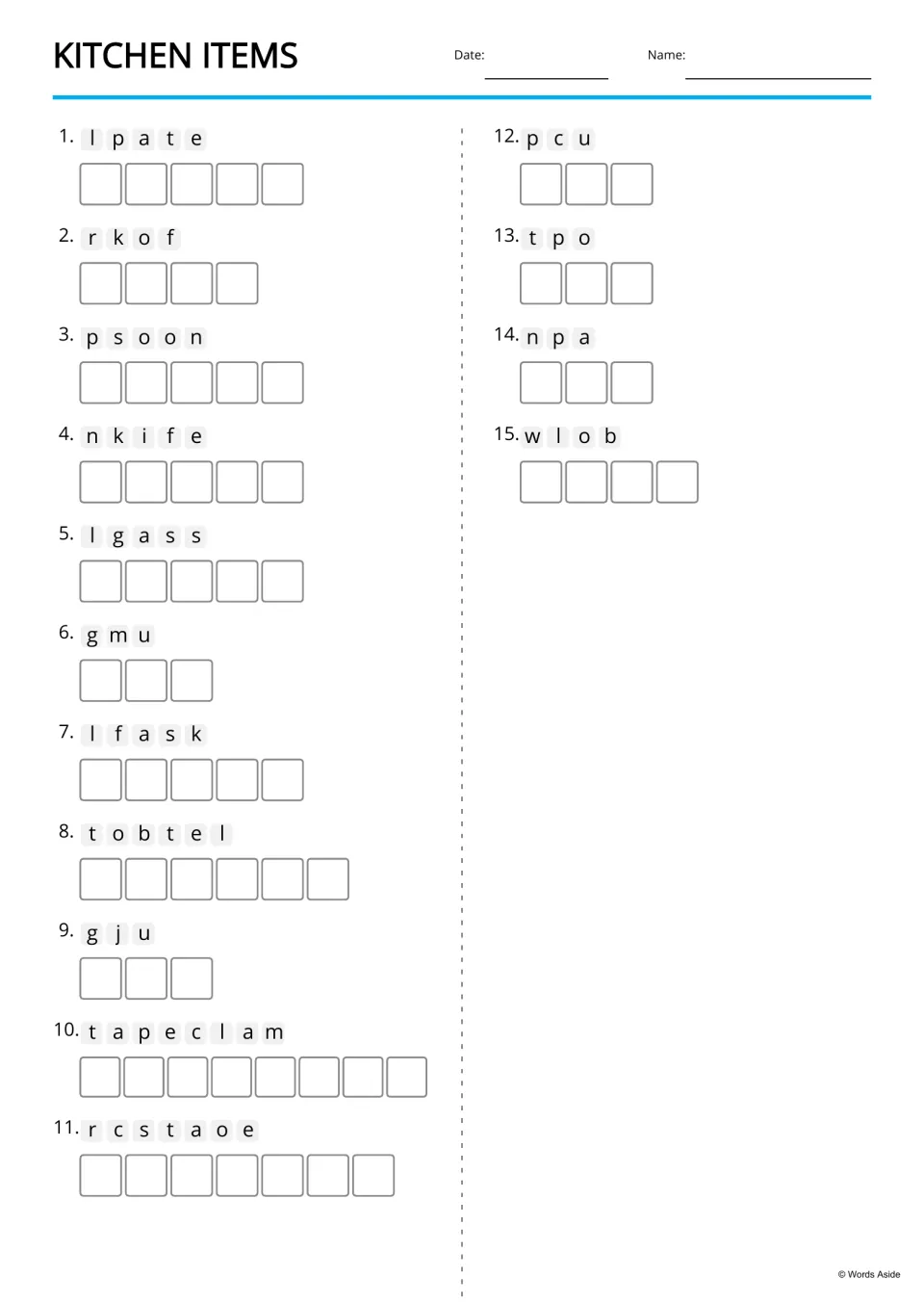 Text-only anagram practice for 15 kitchen words, including plate, fork, spoon, knife, glass, and mug