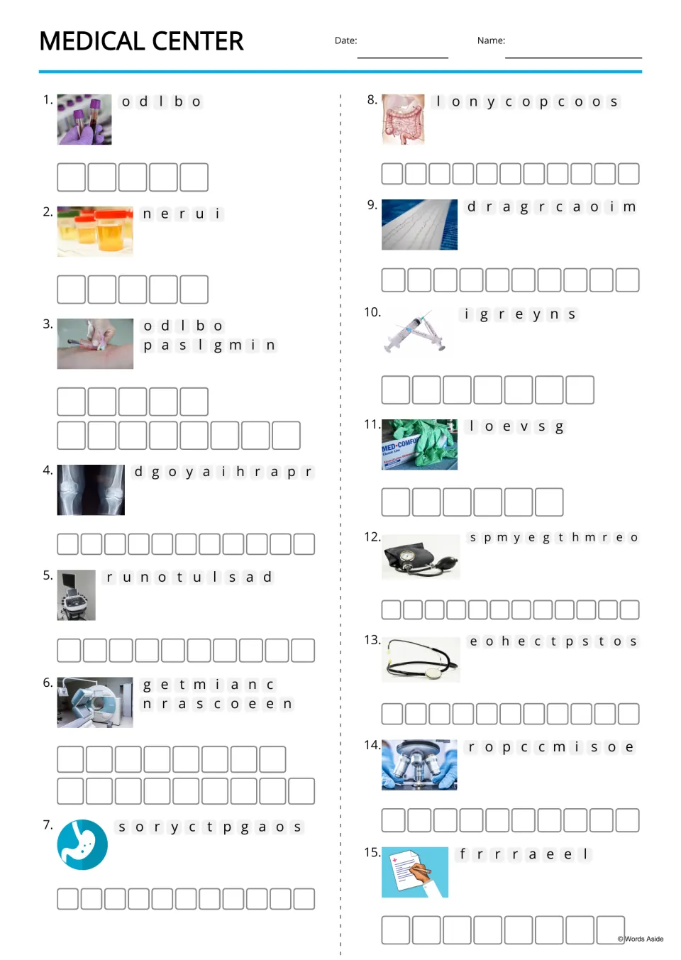 Picture-supported anagrams for 15 medical terms, including blood, urine, blood sampling, and radiography