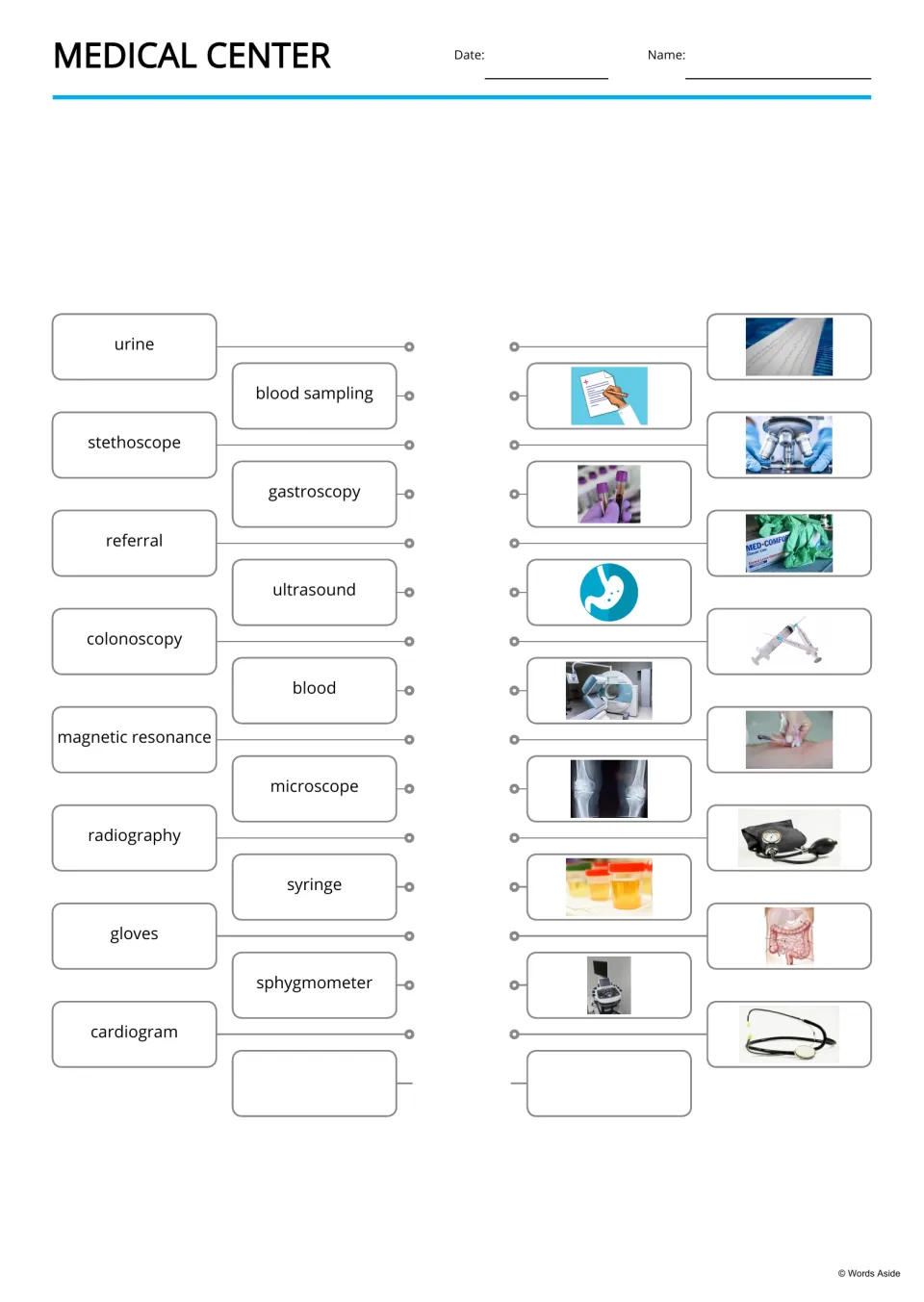Medical vocabulary matching activity pairs 15 terms, including urine and stethoscope, with pictures