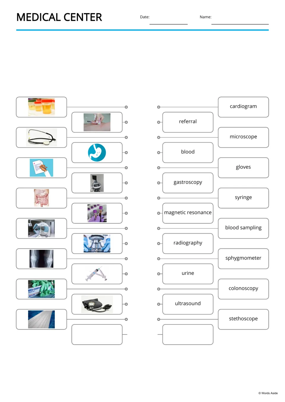 Picture-to-word matching for 15 medical terms, including blood sampling, gastroscopy, and ultrasound
