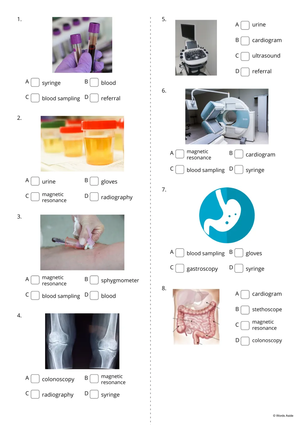 Medical picture multiple-choice questions 1–8 cover blood, urine, blood sampling, and five more terms