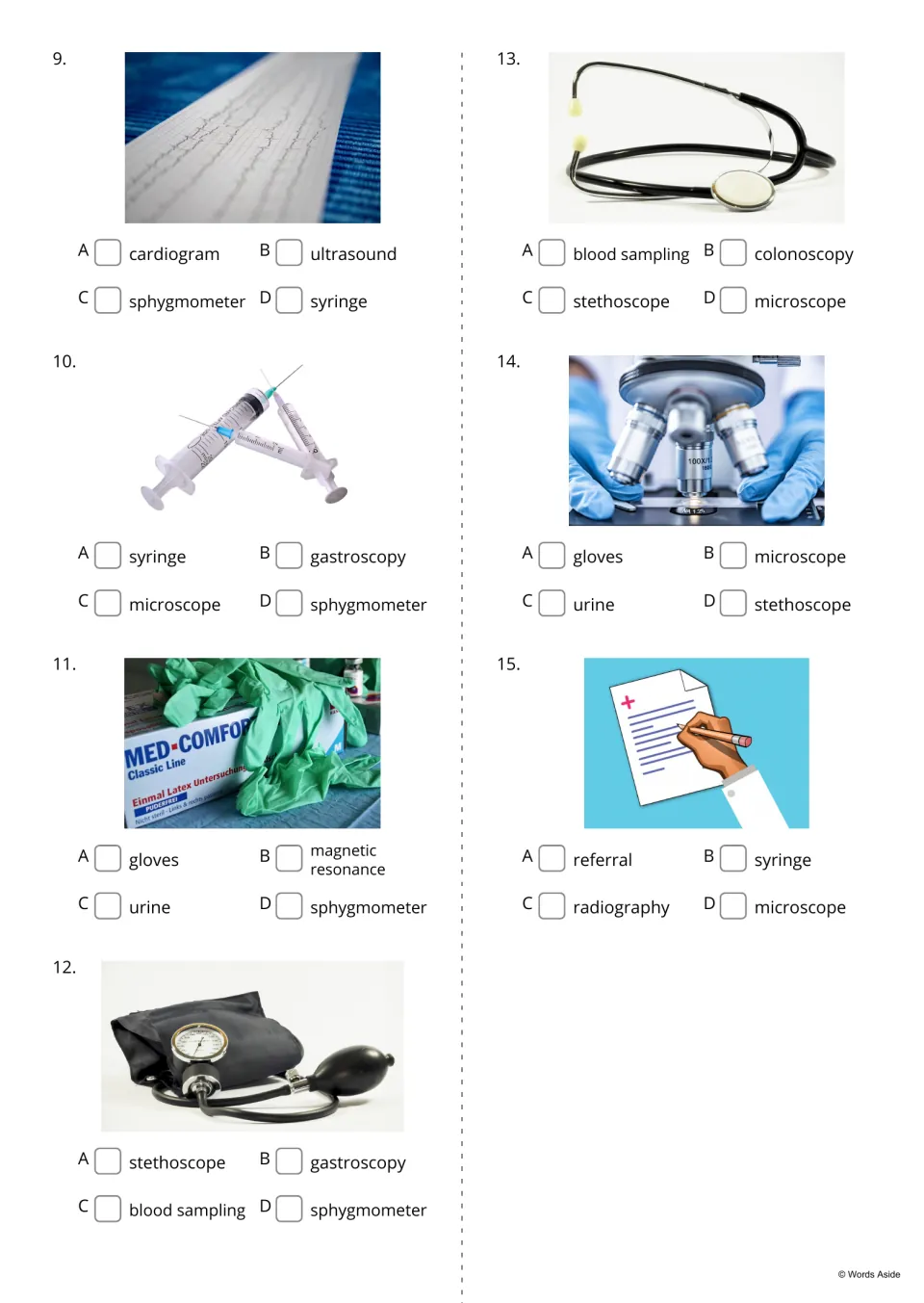 Medical picture multiple-choice questions 9–15 include cardiogram, syringe, gloves, and four more terms
