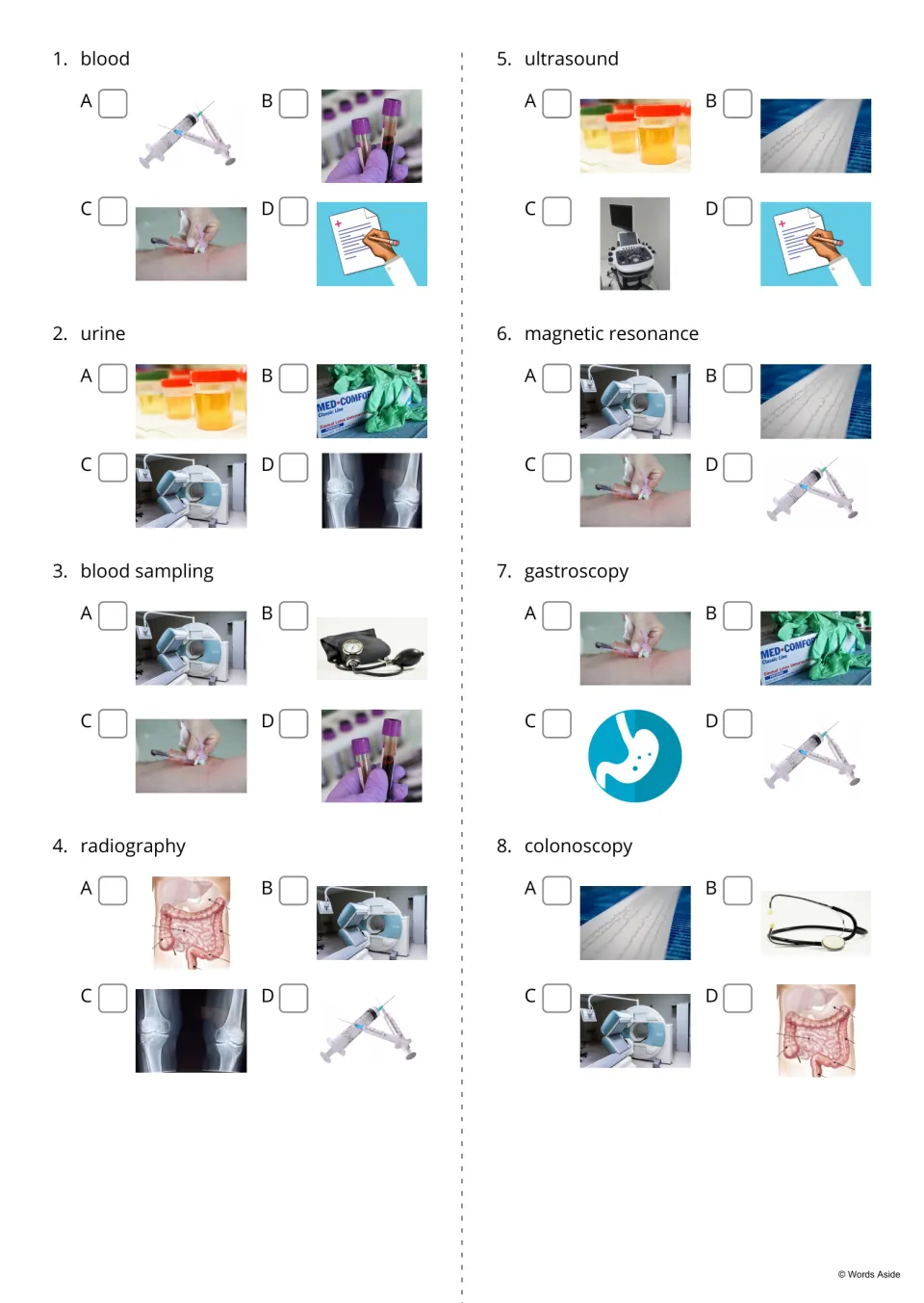Medical word multiple-choice questions 1–8 ask students to select pictures for blood, urine, and six more