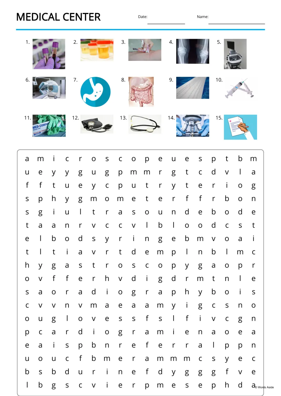 Medical vocabulary word search uses 15 numbered picture clues, including blood, urine, and a microscope