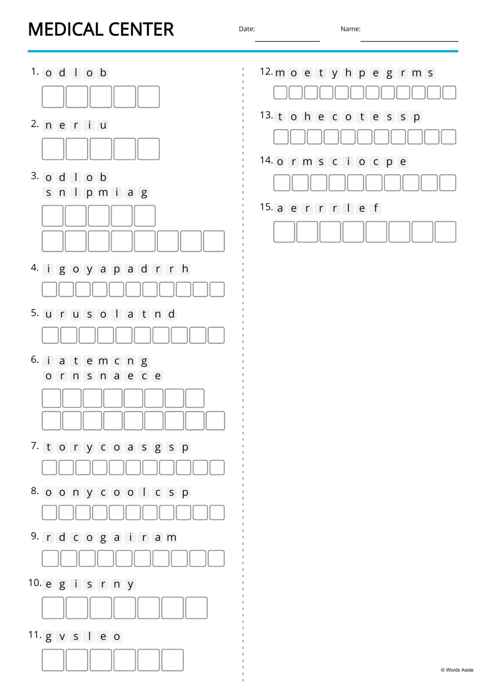 Text-only anagrams revisit all 15 medical terms, including blood sampling, magnetic resonance, and gloves