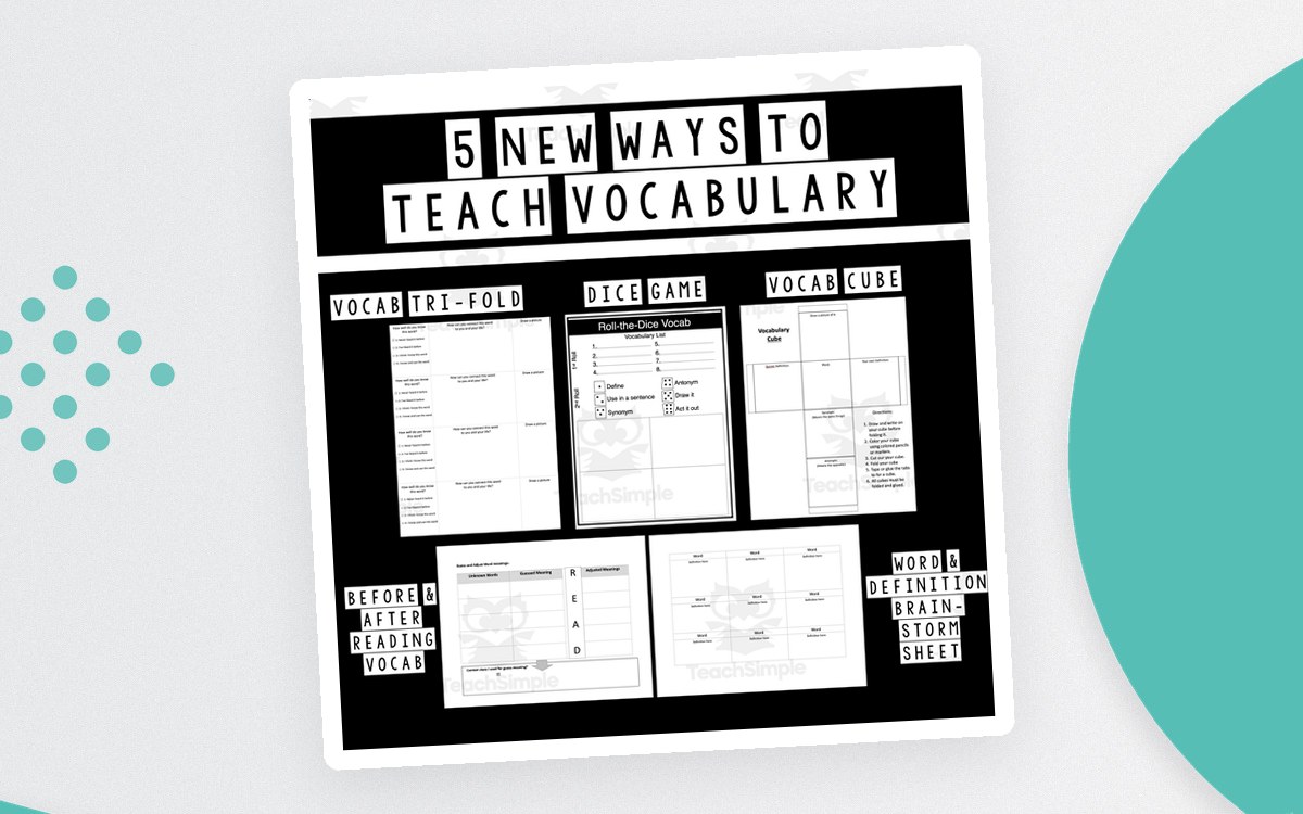 Vocabulary Worksheets first image titled Five New Ways to Teach Vocabulary with foldable, dice, cube, and grid previews