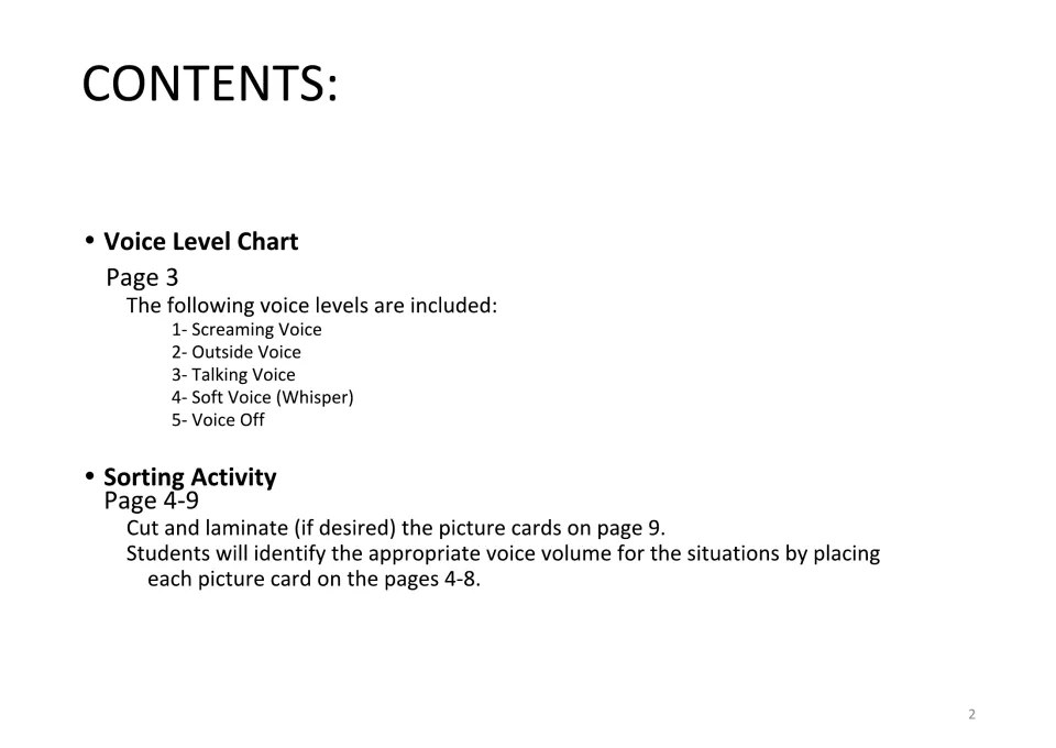 Contents page listing the five voice levels on page 3 and sorting activity steps: cut picture cards, place on pages 4-8
