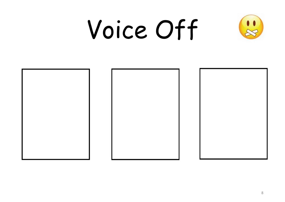 Voice off sorting mat: students place three situation cards that need silence, level 5 on the volume scale