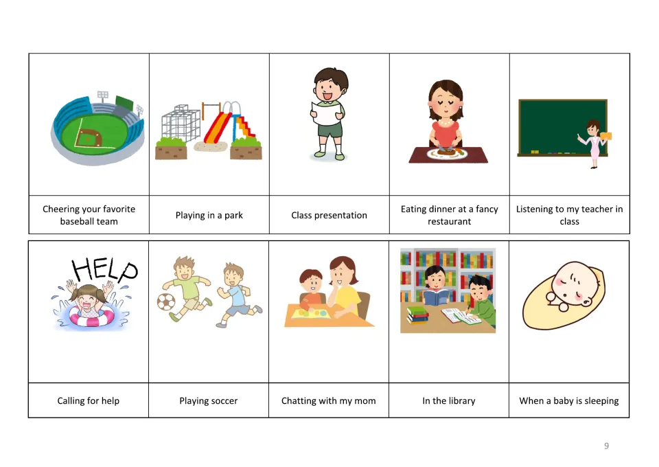 Ten situation picture cards to cut out: baseball game, park, class presentation, restaurant, library, sleeping baby