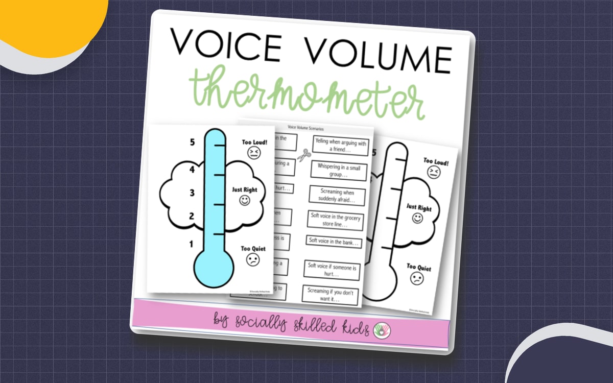 Voice Volume Thermometer poster and scenario-card preview with levels from too quiet to too loud.