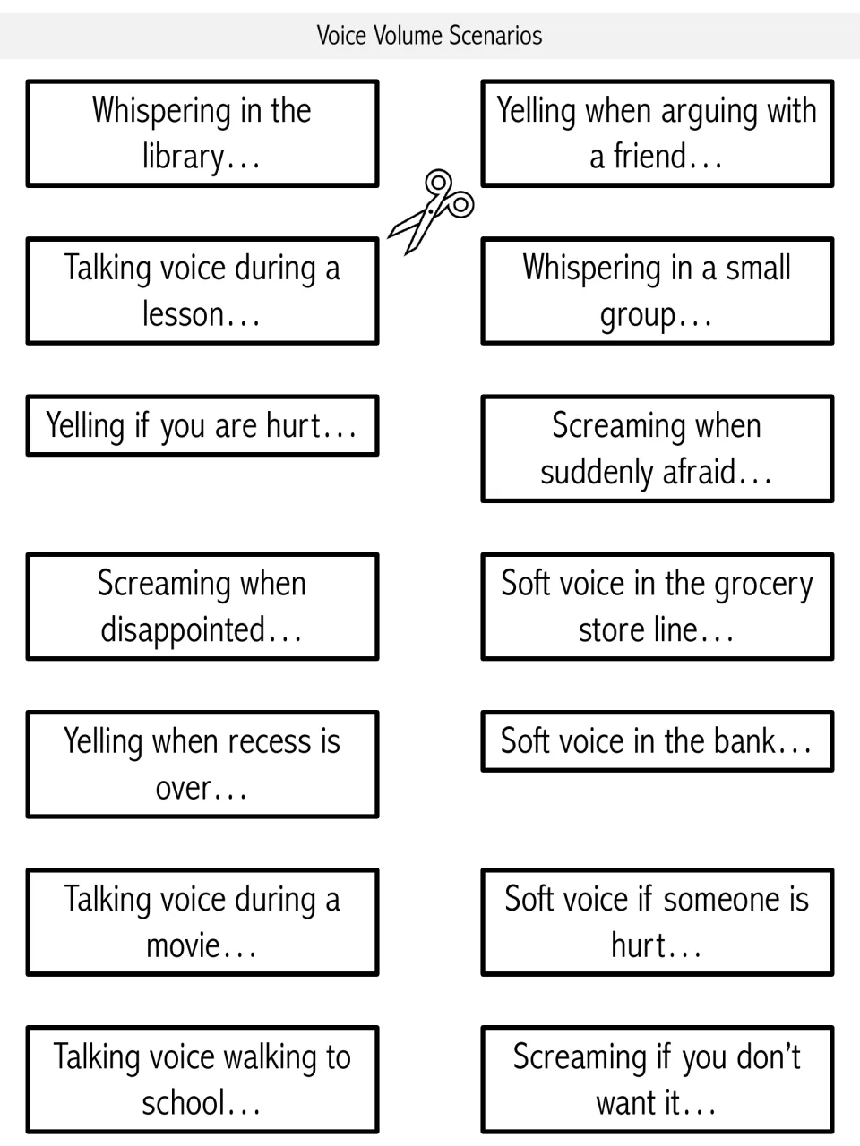 Voice Volume Scenarios cut-out cards: 14 situations like whispering in the library or yelling if you are hurt to rate