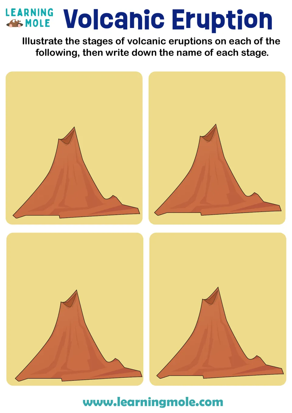 Volcanic eruption stages: students draw each stage onto four plain volcano drawings and write the stage name