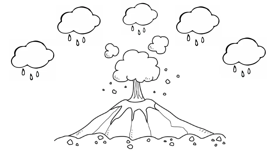 Erupting volcano coloring page: line art of a volcano spewing smoke and rocks beneath five empty rain clouds to color