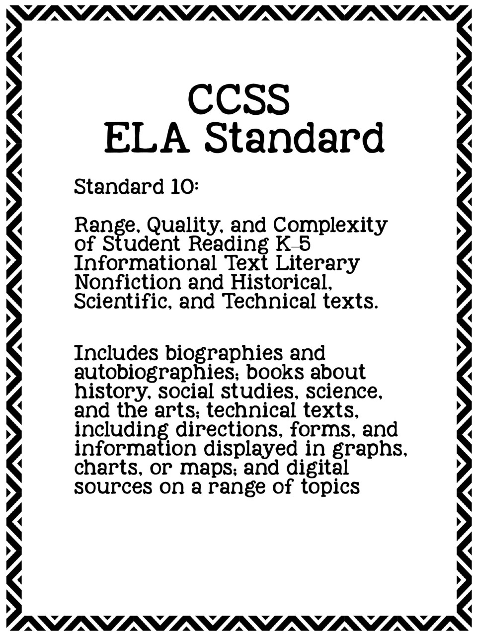 CCSS ELA Standard 10 text on range, quality and complexity of student reading K-5, covering informational texts