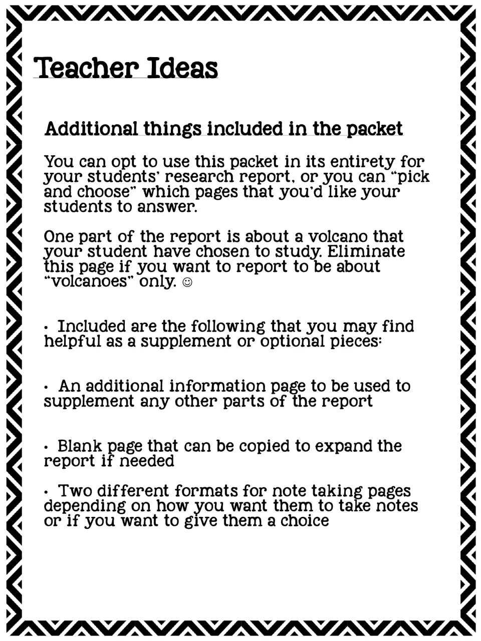 Teacher Ideas: options for using the packet whole or picking pages, plus extra info page, blank page and two note formats