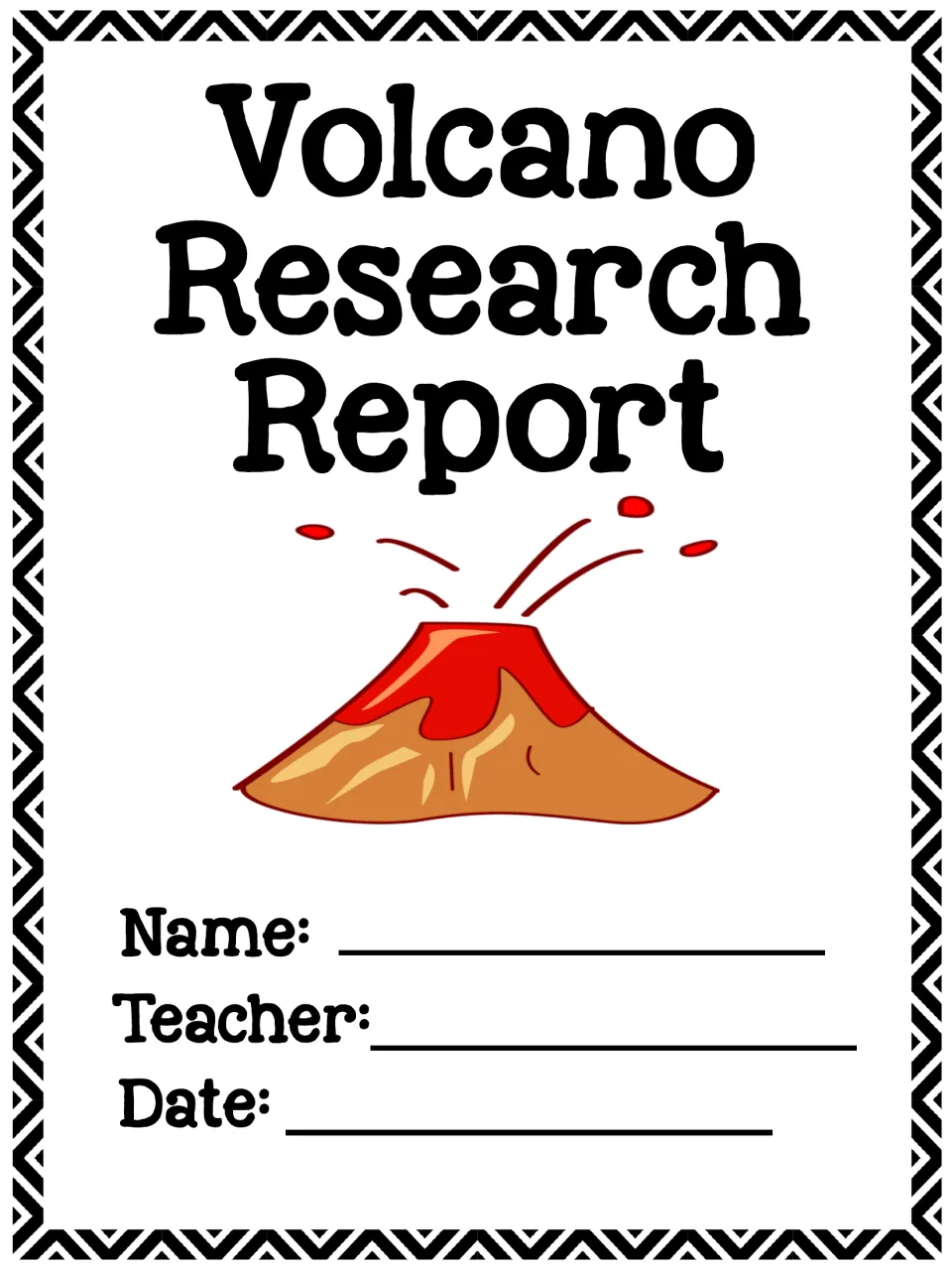 Volcano Research Report cover with a color erupting volcano and blanks for student name, teacher and date