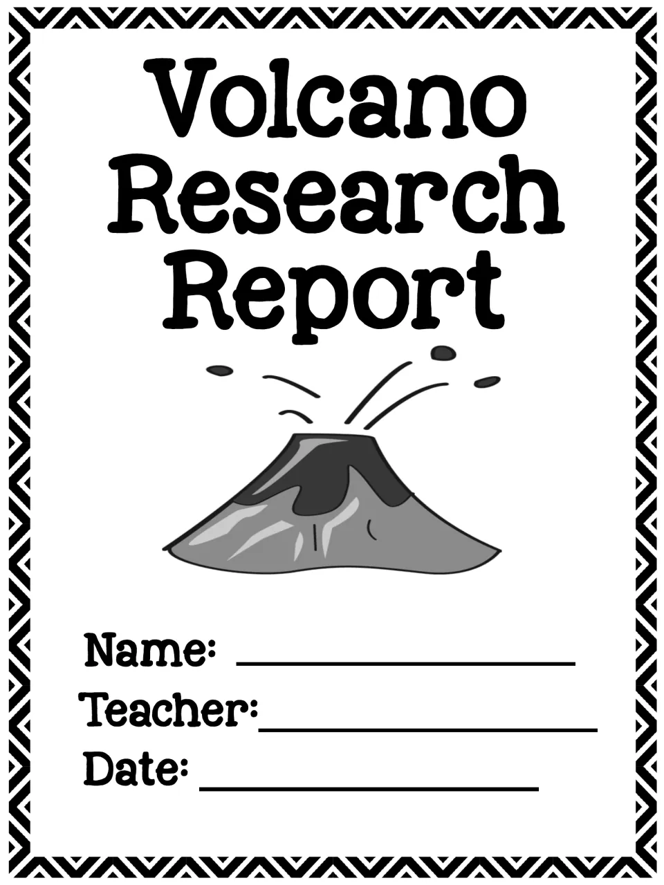 Black-and-white report cover showing a gray erupting volcano, with spaces to write name, teacher and date