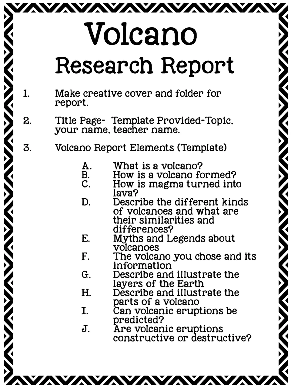 Report checklist items 1 to 3: cover and folder, title page, and ten volcano questions on types, myths and eruptions