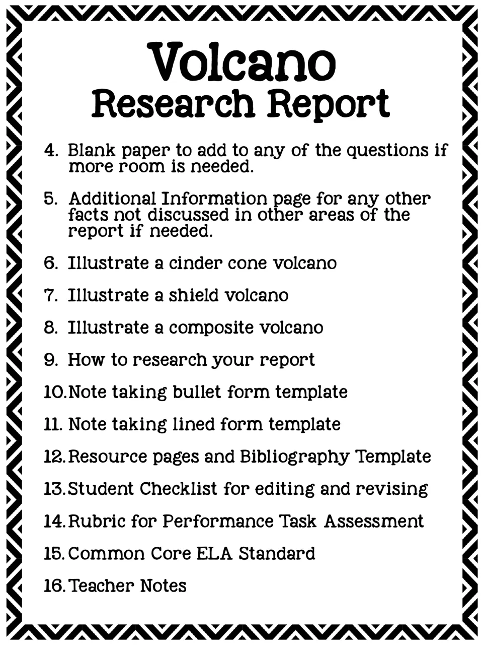 Report checklist items 4 to 16: extra paper, volcano type drawings, note templates, bibliography, rubric and standard